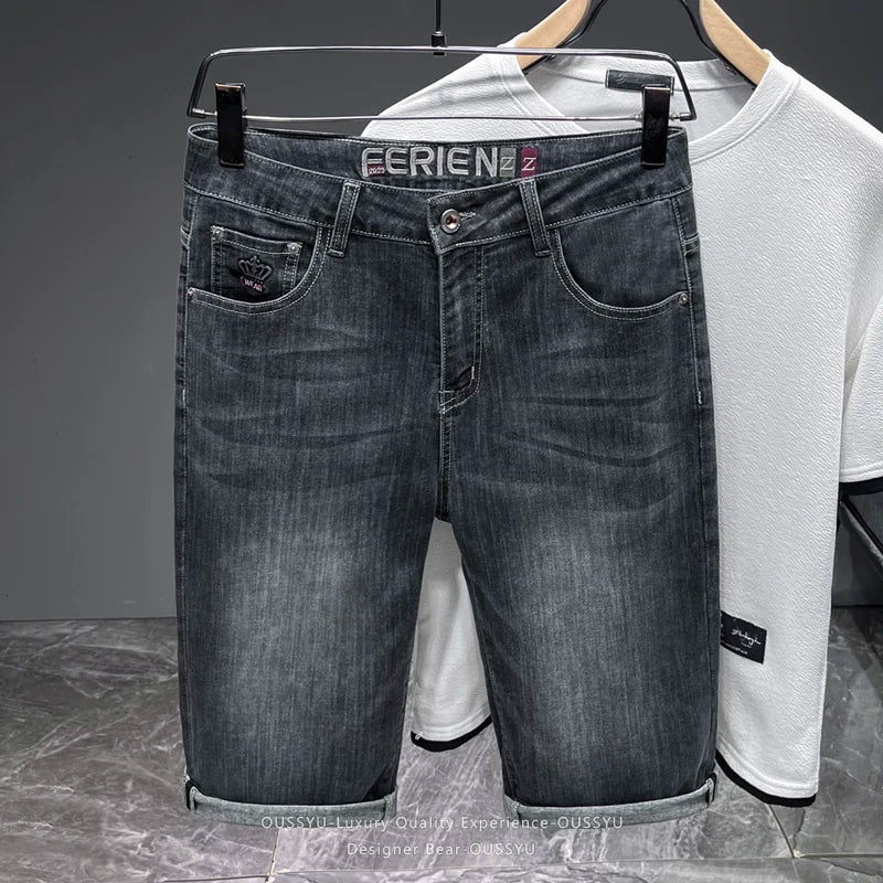 Brand Clothing Men's Denim Shorts Summer Thin Elastic Straight Leg