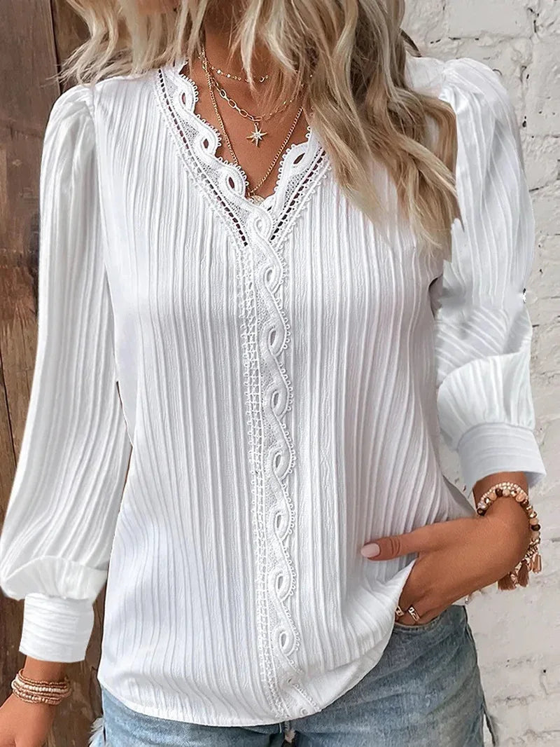Elegant Summer Hollow Lace Patchwork Women Shirt Chic Blouse V Neck