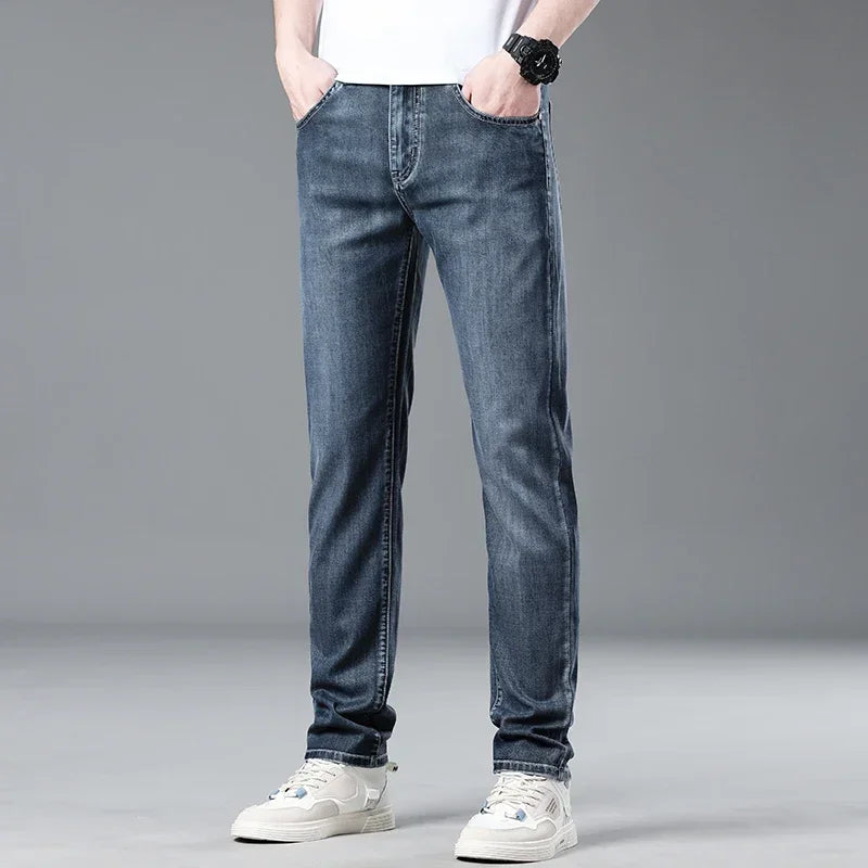 Men's Summer Thin Lyocell Jeans Soft Stretch Slim Straight Leg Denim
