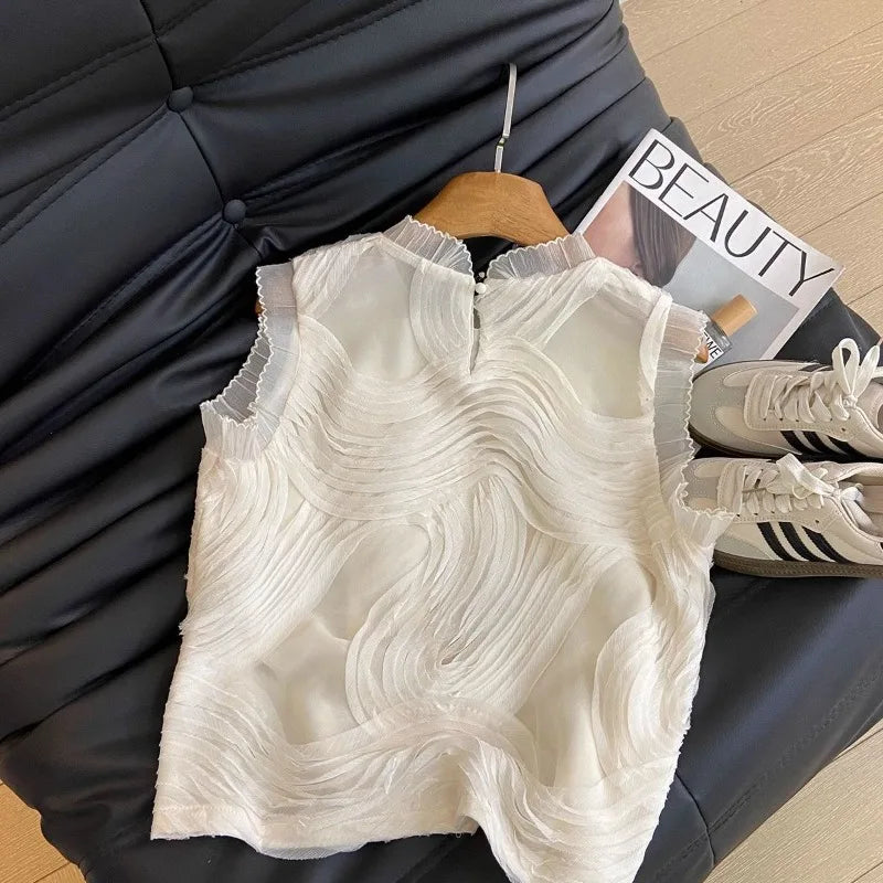 2025 Summer French Style Elegant Ruffled Sleeveless Chiffon Blouse
