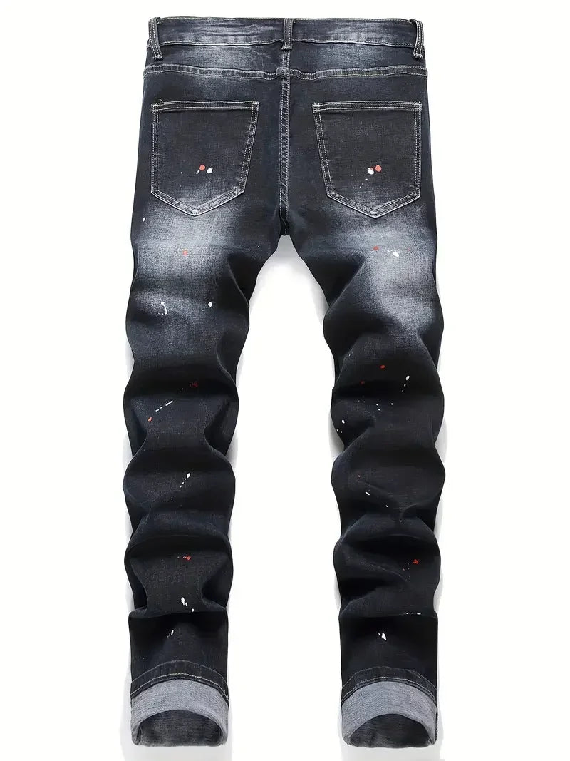 Men y2k Stretchy Denim jeans Ripped Skinny Letter Print elastic waist