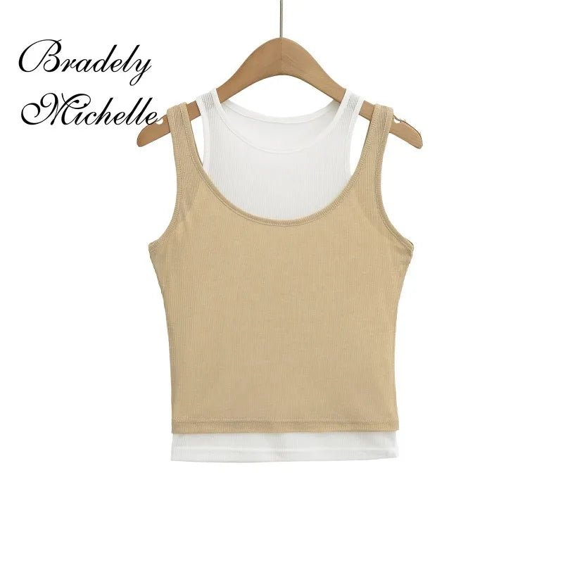 Stacked Double-layer Round Neck Women Sleeveless Cropped Tank Crop