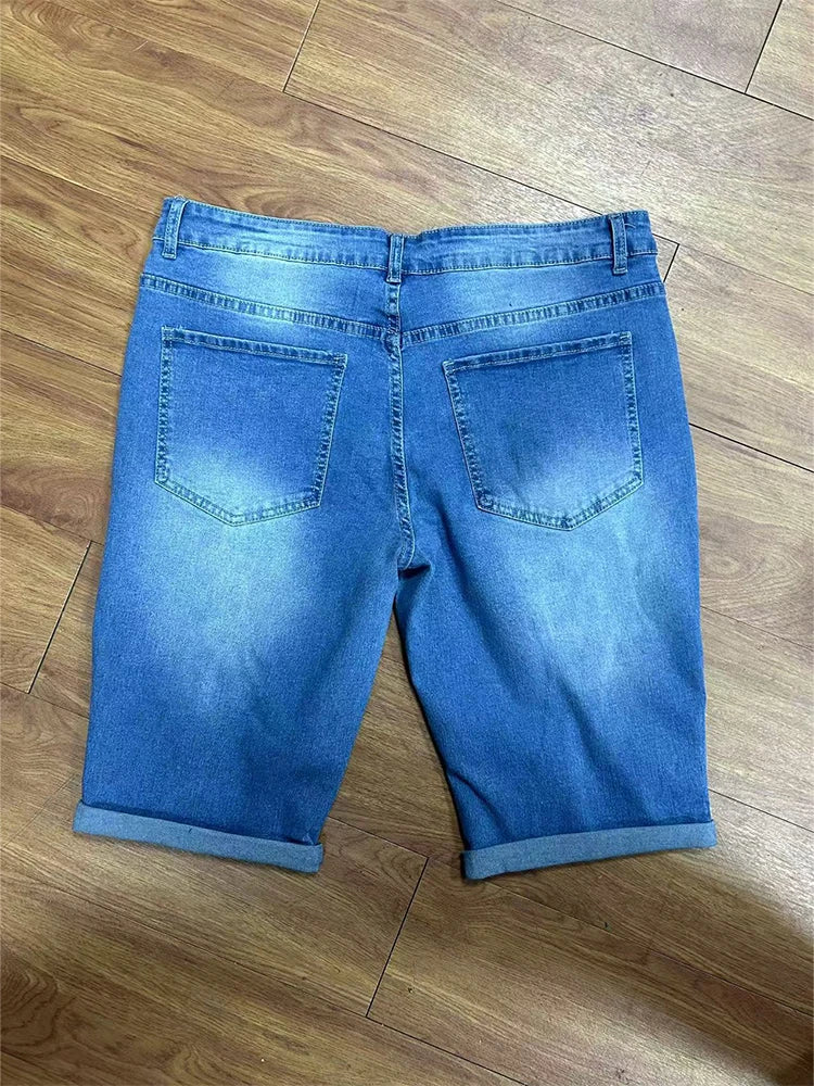 Summer Men's Retro High Waist Denim Shorts Hole-Punched Straight Leg