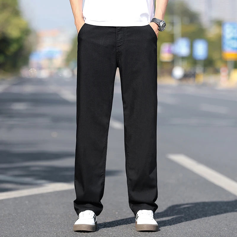 Brand Clothing Summer Thin Lyocell Fabric Black Men's Jeans Loose