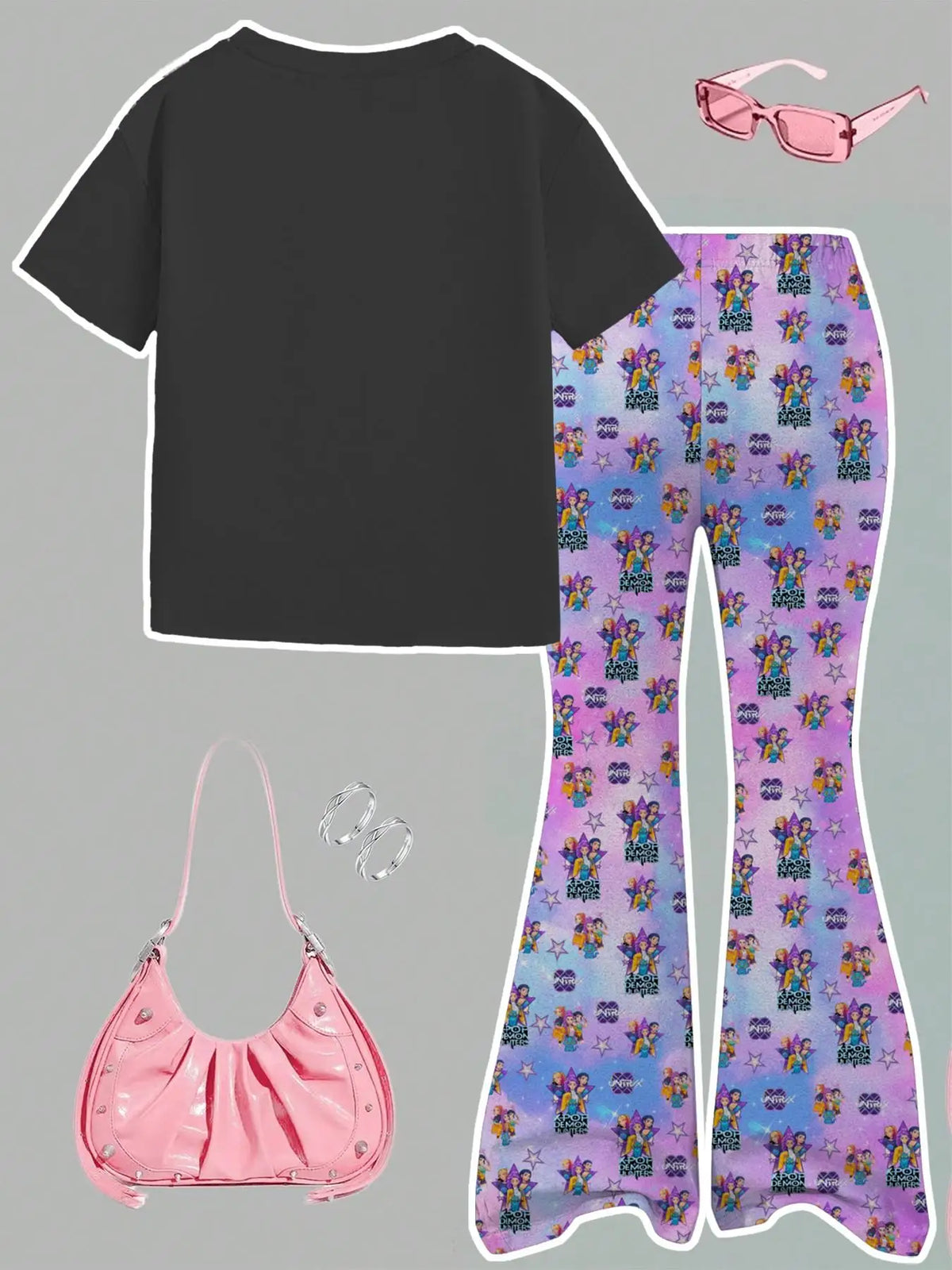 Girls 2-Piece 2026 K-Pop Concert Outfit - Black Graphic T-Shirt &
