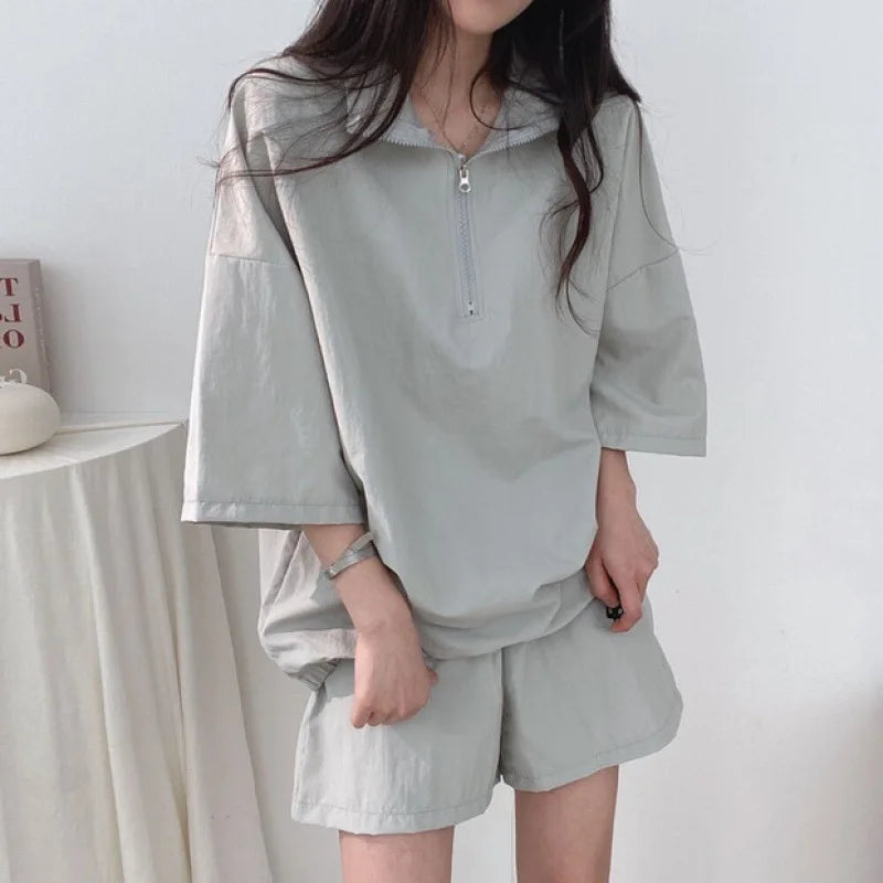 New in Summer Korean Chic Sports Leisure Polo Shirt Set Women's Loose