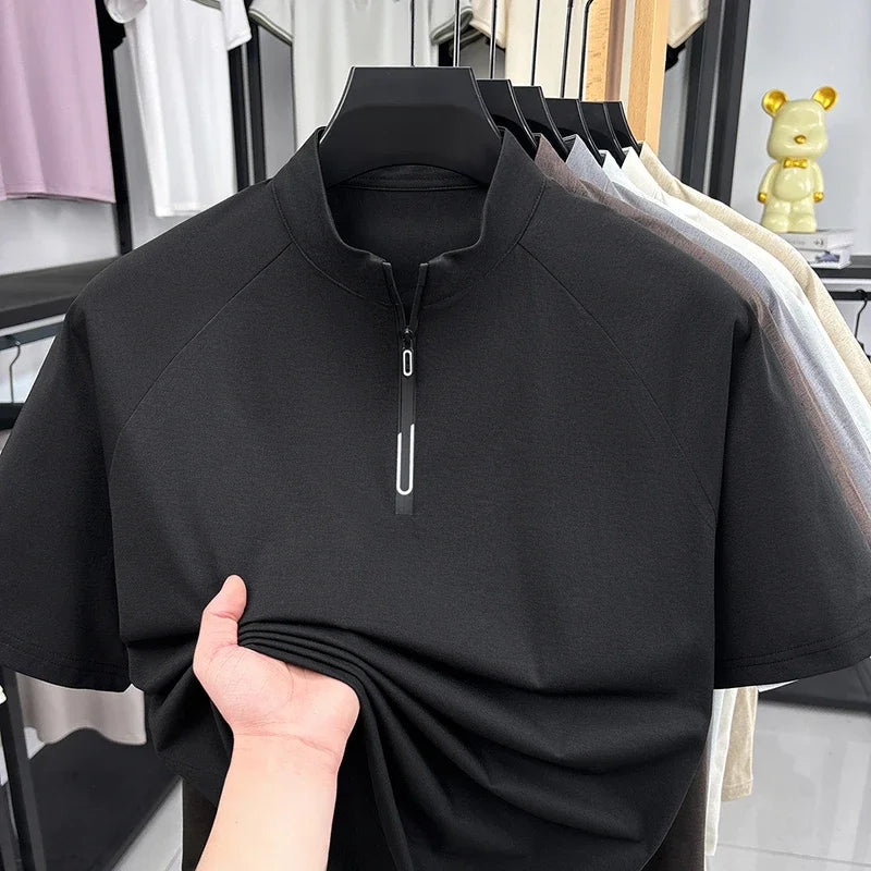 Men's Half Zip Short Sleeve T Shirt Stand Collar Breathable Fabric