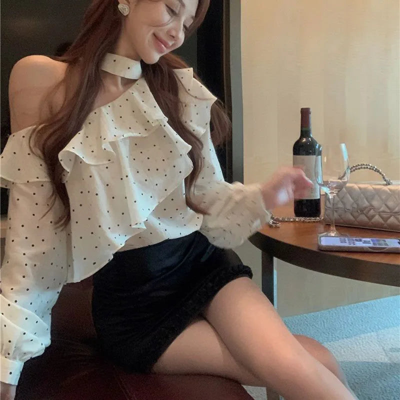 French Style Halter Neck Polka Dot Chiffon Shirts Woman Elegant Off