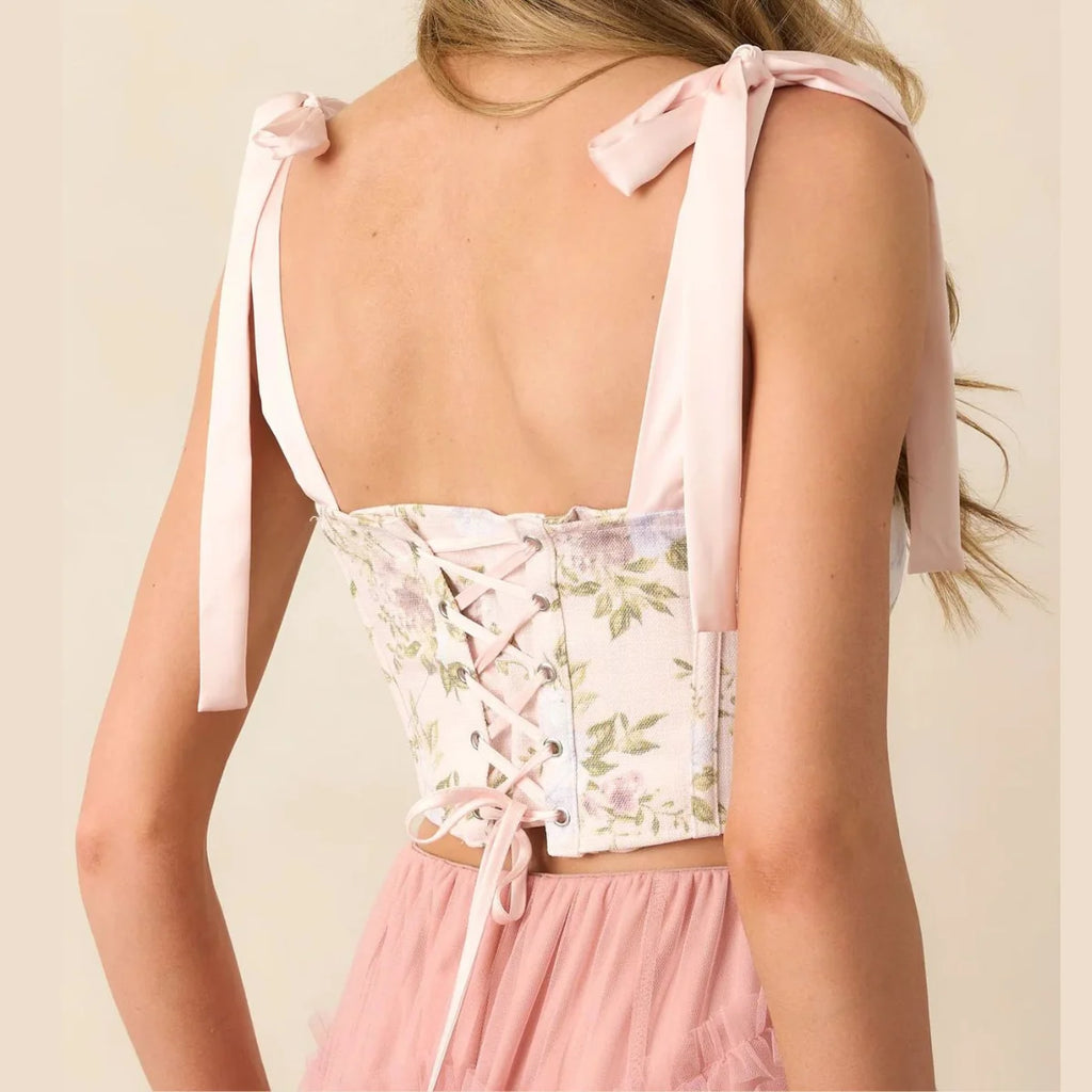 Summer Floral Printed Corset Fashion Lace-up Crop Tops Sexy Sleeveless