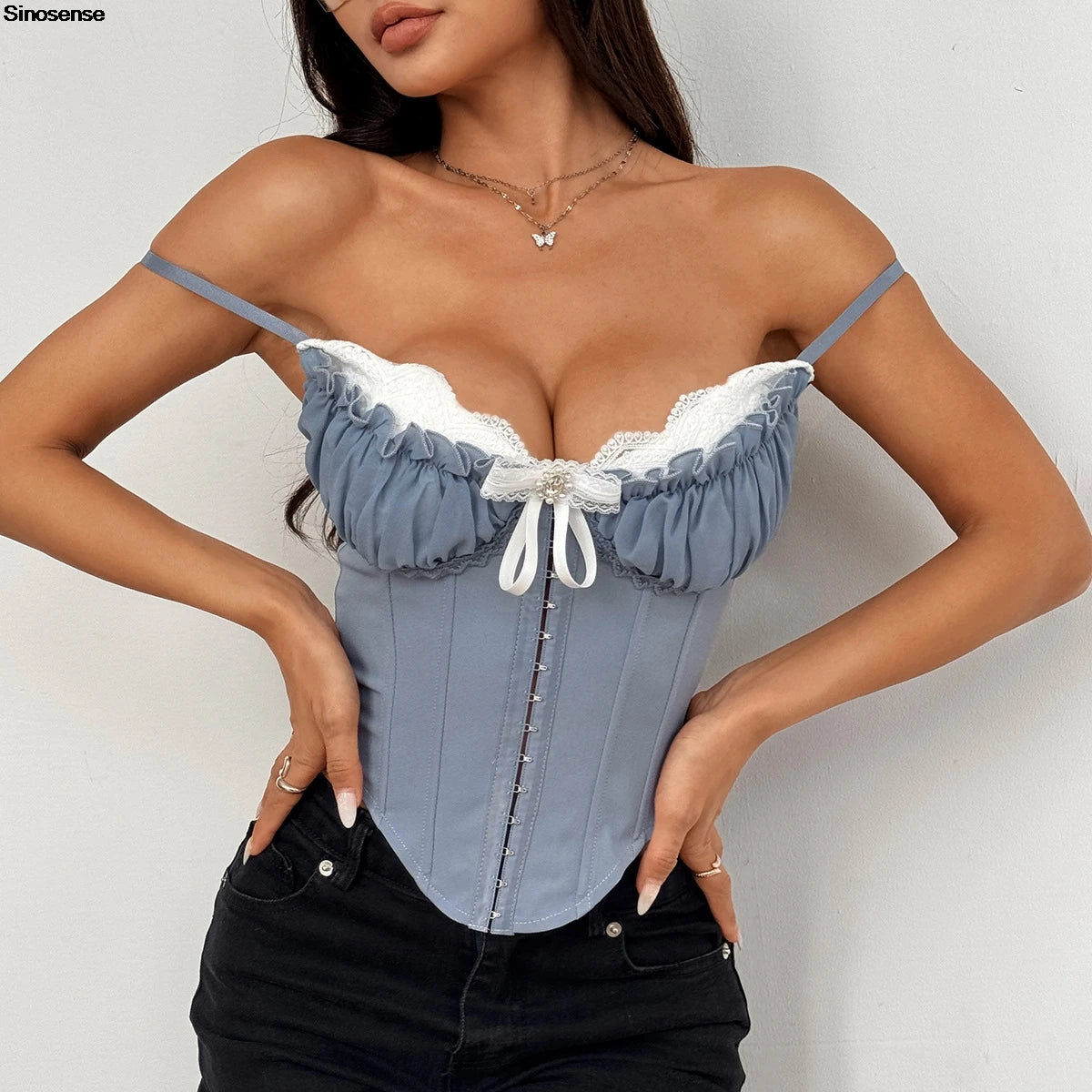 Women Fishbone Corset Top Sexy Sheer Mesh Ruffle Lace Trim Crop Cami