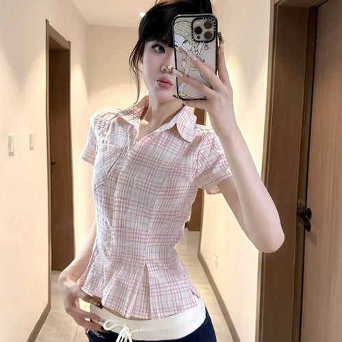 Women Slim Pink Plaid Shirt Sexy Cropped Amercian Vintage Short Sleeve