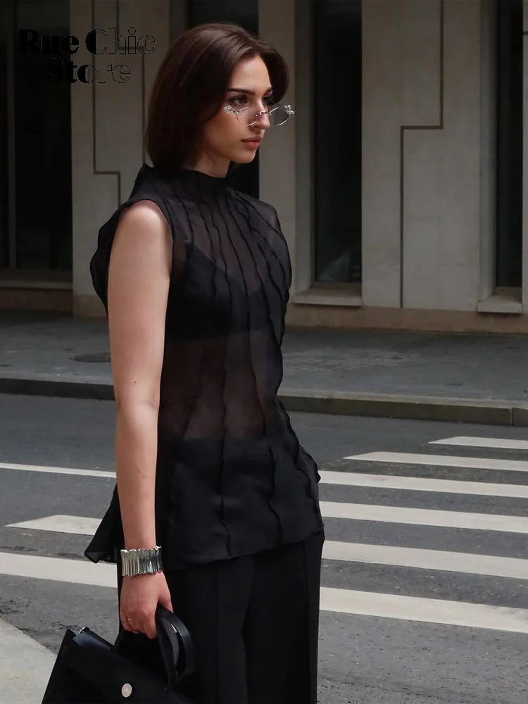 Solid Pleated Satin Sleeveless Blouse Women Chic High Neck Ruched
