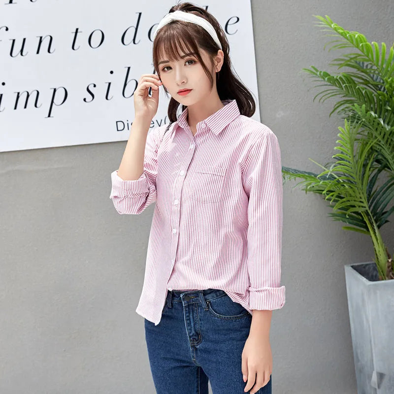 White Blue Pink Striped Shirt Women 2024 Spring New Simple Casual Long