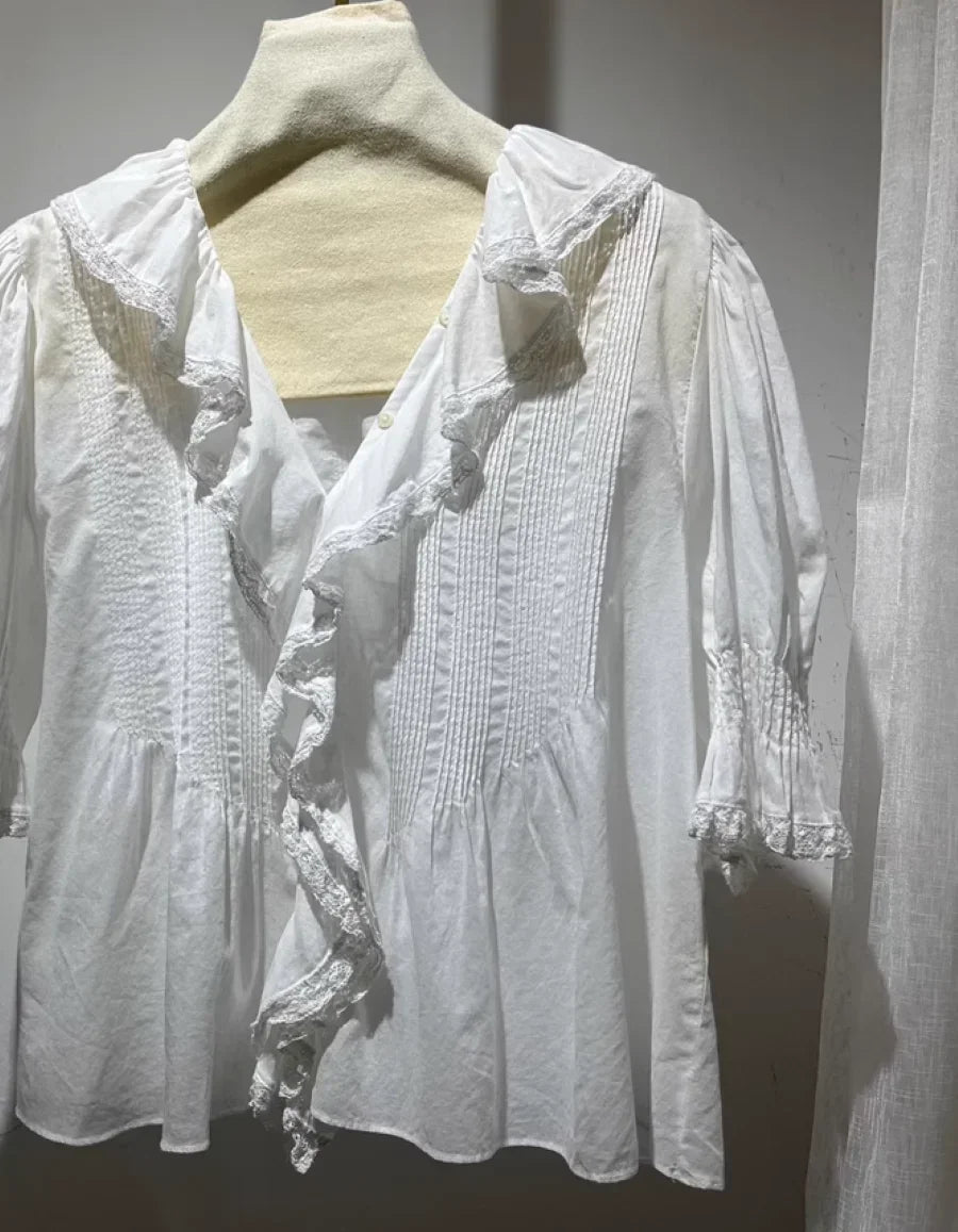 Lace Patchwork Women Casual Shirt 100% Cotton Ruffles V-Neck Puff