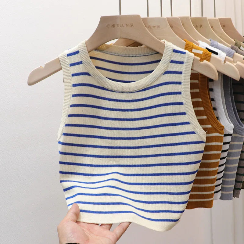 2026 Summer Striped Cami Top Sleeveless Ice Silk Knit Tank Top Women