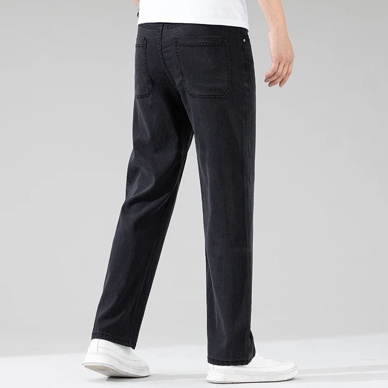 Summer Thin Lyocell Men's Black Jeans Loose Straight Soft Ice Silk