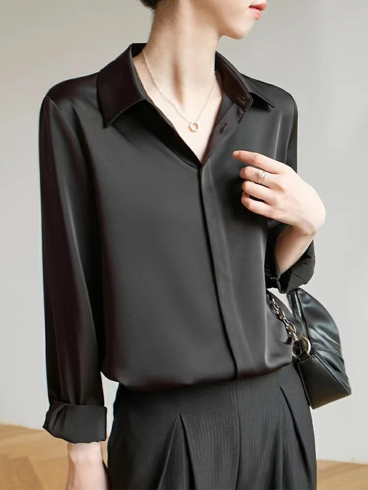 Women's Satin Blouse Long Sleeve French Fashion Solid Color Shirts