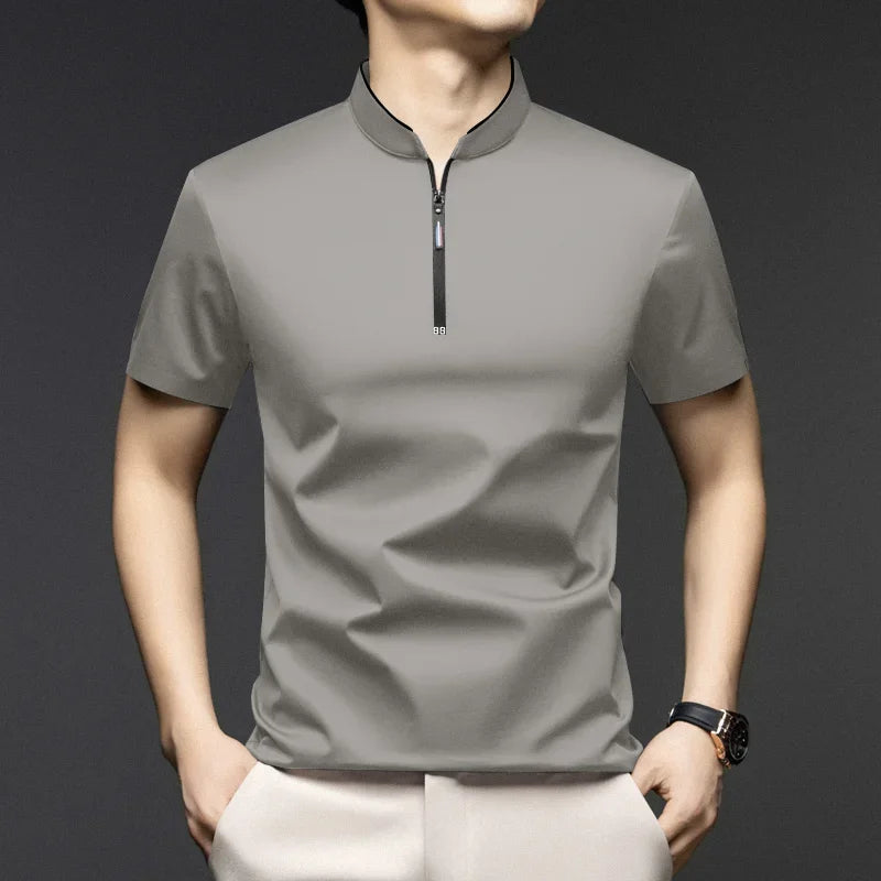 2025 New Men's Casual Fashion Zipper Solid Color Short Sleeved Polo