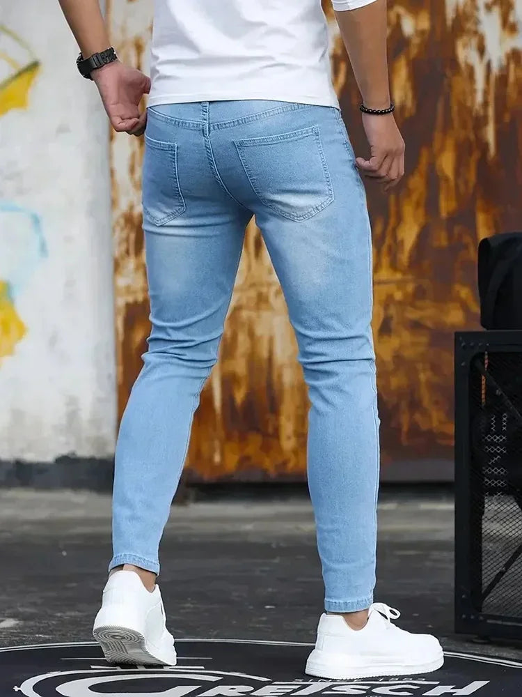 Man Classic Style Pants Light Blue Stretch Jeans Zipper Casual Slim