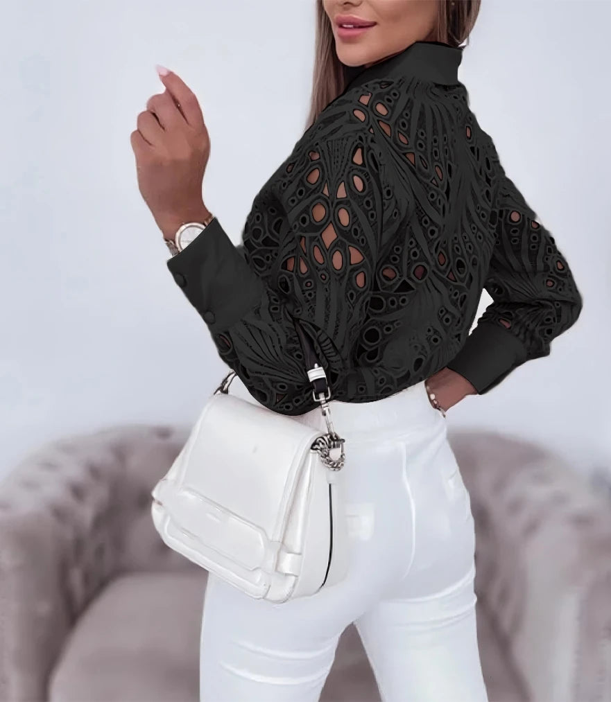 Women's Blouses Hollowed Out Long Sleeved Shirt Casual Solid Button Up