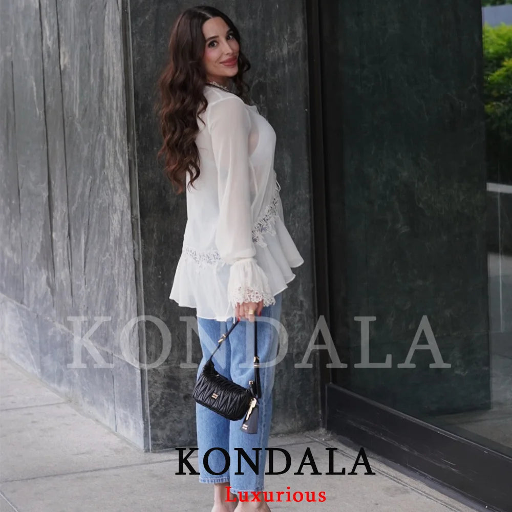 KONDALA Sexy Chiffon Transparent Women Blouses Bow Tie Patchwork Loose