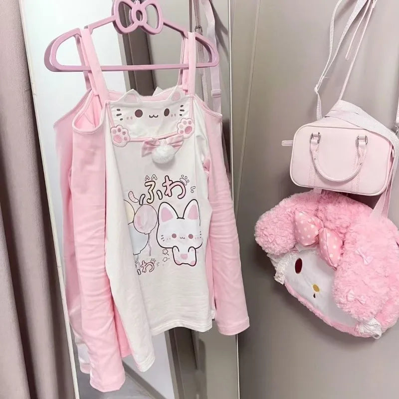 Sweet Japanese T-shirts Women's Clothing Pink Butterfly Patchwork Lace