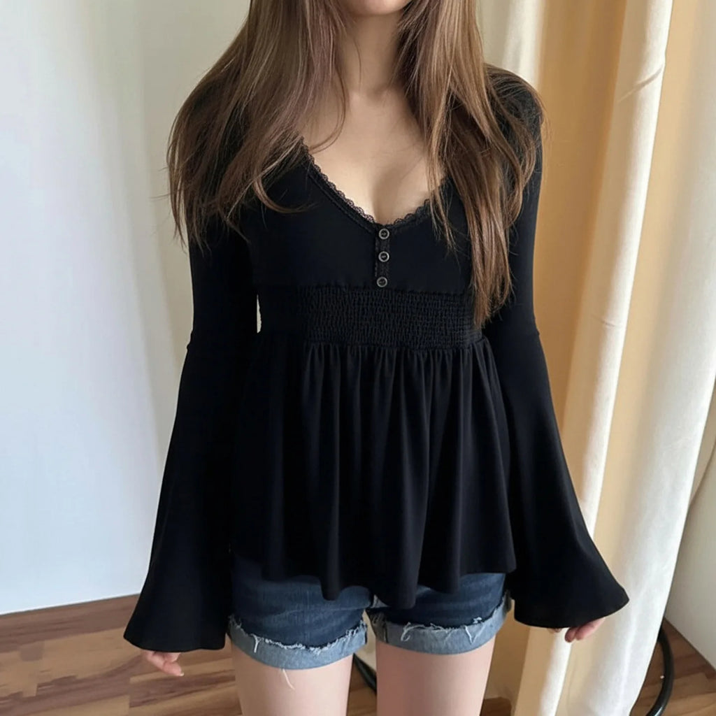 Women Knitting Sweater 2025 New French Chic Blouse Lace Paneled Low