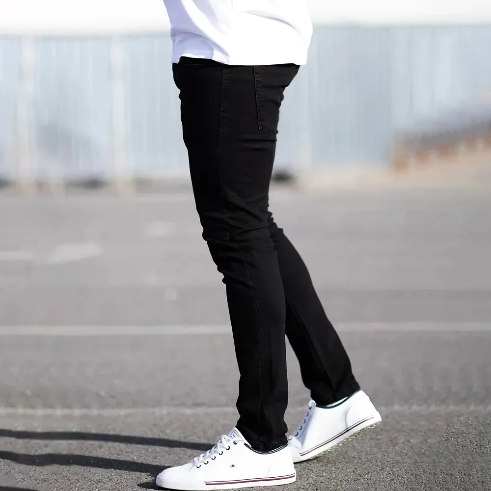 Spring Mens Black Blue Pants Pure Color Stretch Jeans Street Casual