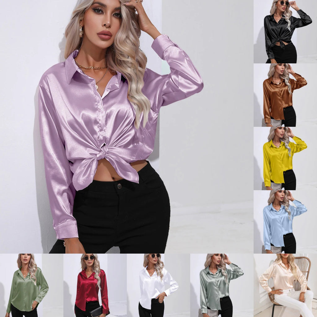Autumn Casual Women's Blouses Elegant Satin Multicolor Basic Slim