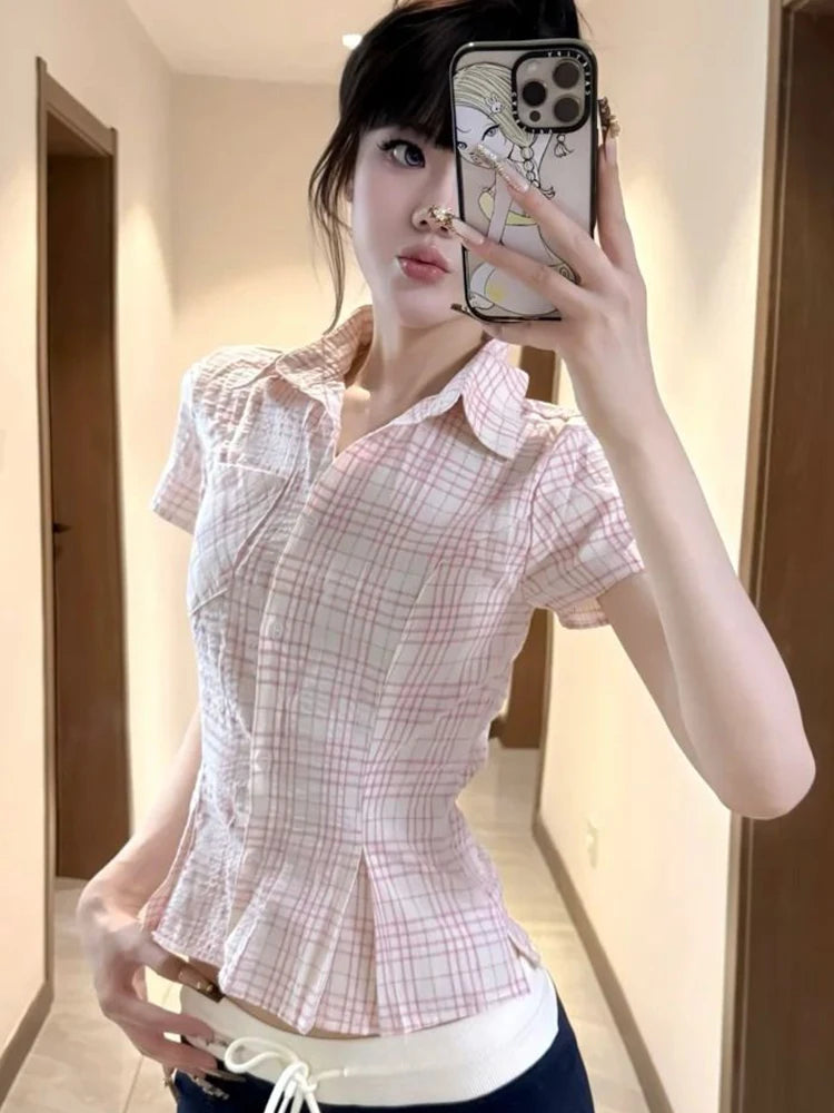Women Slim Pink Plaid Shirt Sexy Cropped Amercian Vintage Short Sleeve