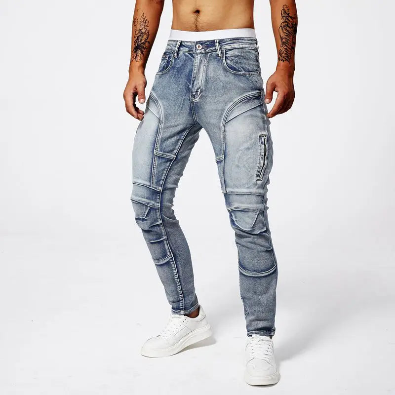 Two tone distressed patchwork jeans for men trendy jeans for summer