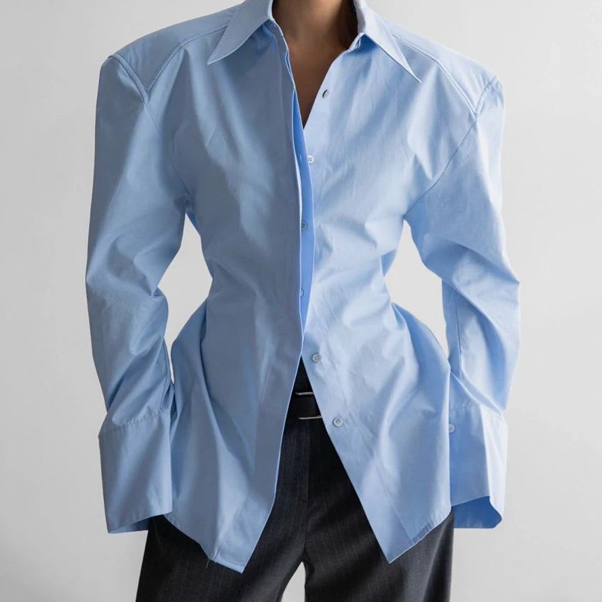 Linad Casual White Puff Sleeve Shirts Female Office Lady Blue