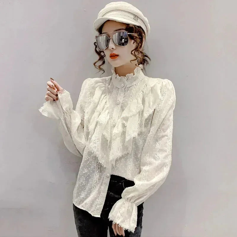 Long Sleeve Loose Spring Fashion Button White Shirt Elegant Stand