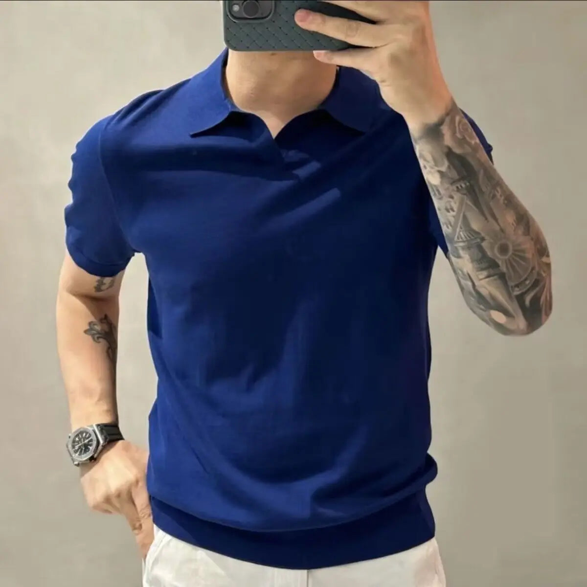 2023 Men's Clothing Light Luxury Knitted Polo Shirt Casual Soild