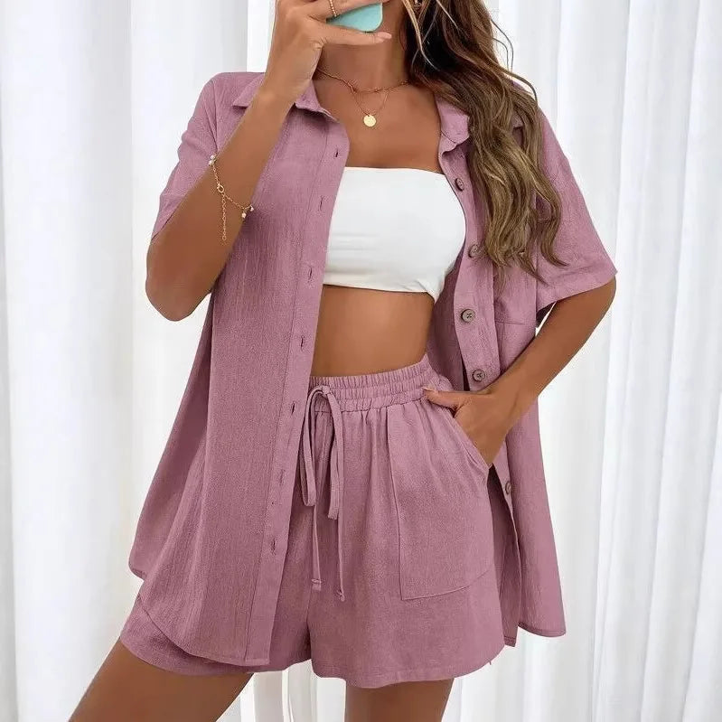 2 Pieces Women Sets Summer Solid Color Short Sleeve Open Stitch Button