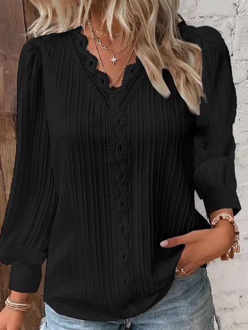 Elegant Summer Hollow Lace Patchwork Women Shirt Chic Blouse V Neck