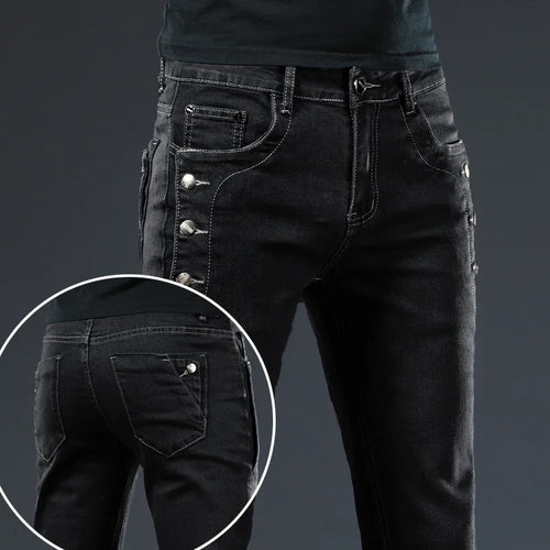 New Men's Multi-button Skinny Jeans Gray Black Stretch Straight