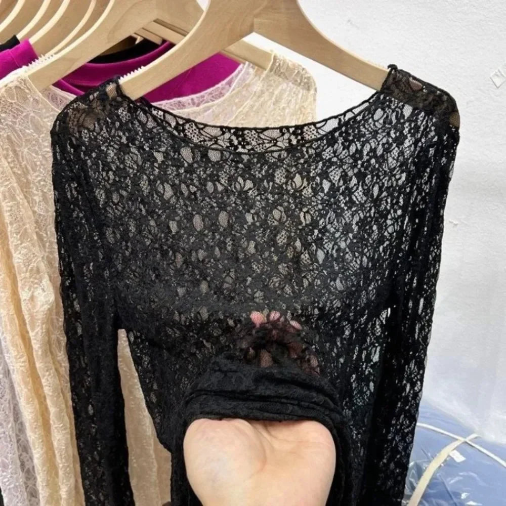 Sexy and slightly transparent black lace shirt women long sleeved