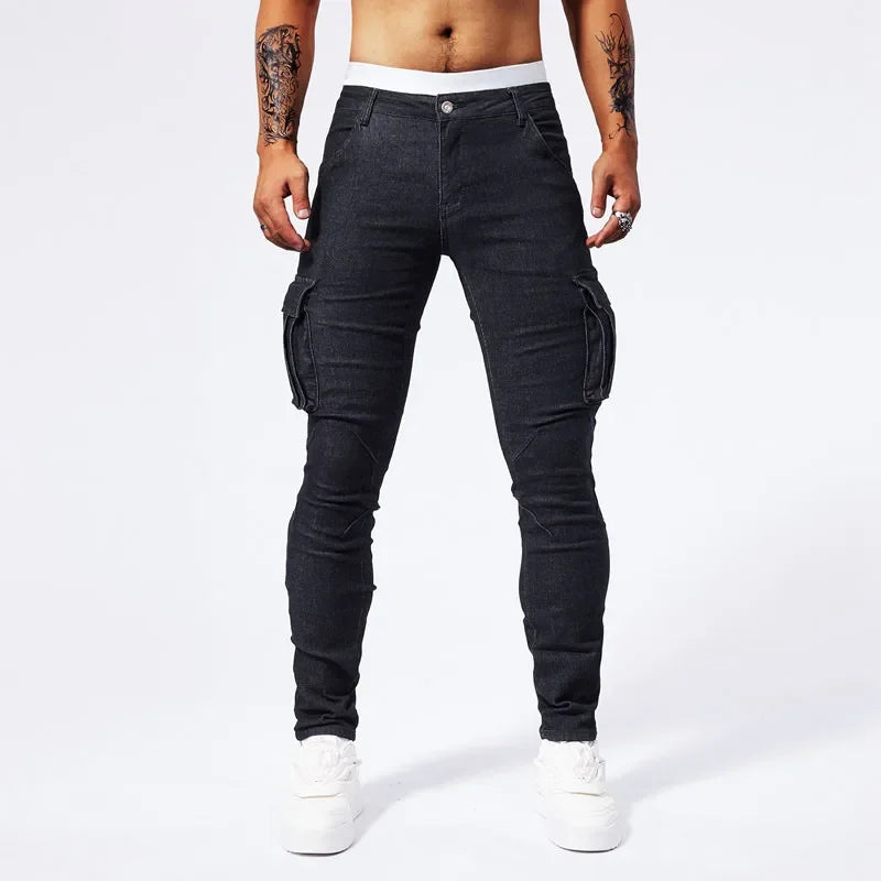 Slim Fit Large Pocket Jeans Cargo Pants for Men Fashionable Casual Hip