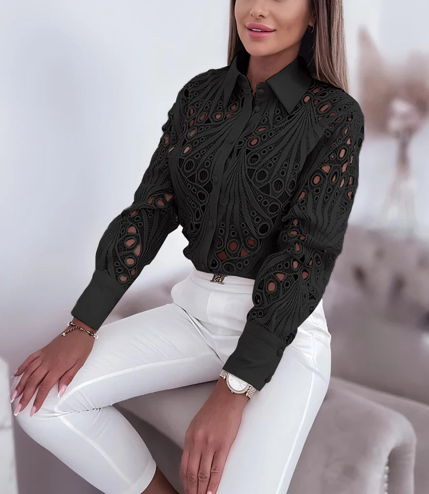 Women's Blouses Hollowed Out Long Sleeved Shirt Casual Solid Button Up