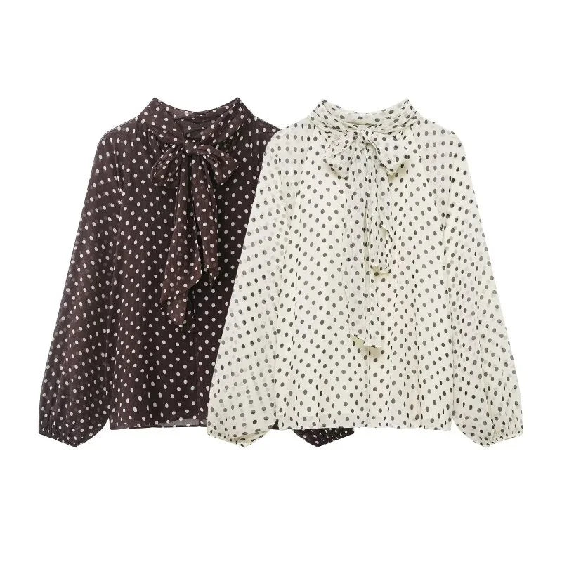 2026 Elegant Women Polka Dot Blouse, Spring Bow Tie Lantern Sleeve