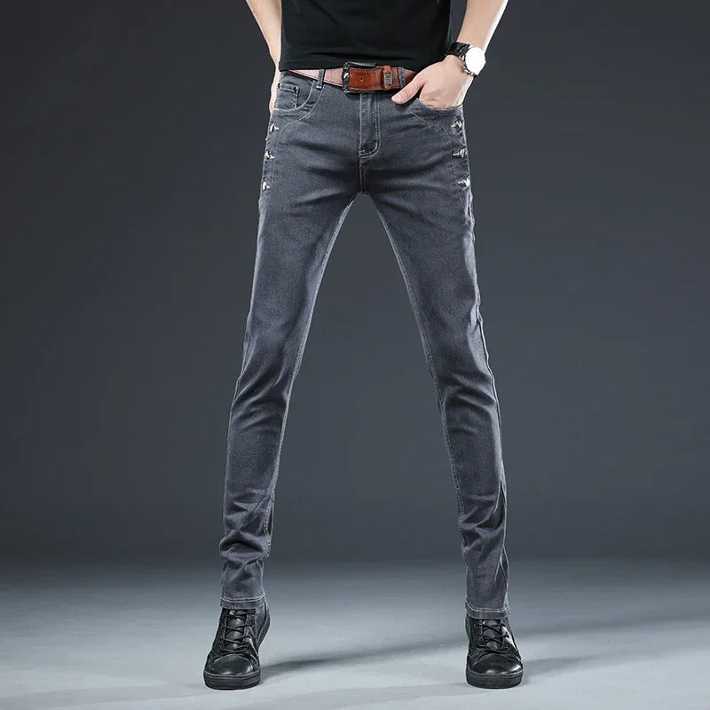 New Men's Multi-button Skinny Jeans Gray Black Stretch Straight