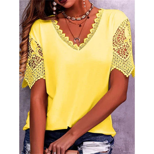 Spring Summer Women Shirts Elegant Hollow Out Lace Short Sleeve V-neck