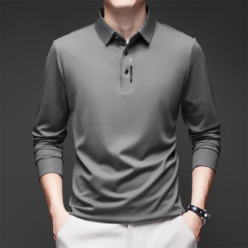 New Men's Business Casual Long Sleeved Shirt with Badge Solid Color