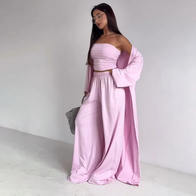 Women Pants 3 Piece Sets Cardigan Strapless Crop Top Straight Trousers