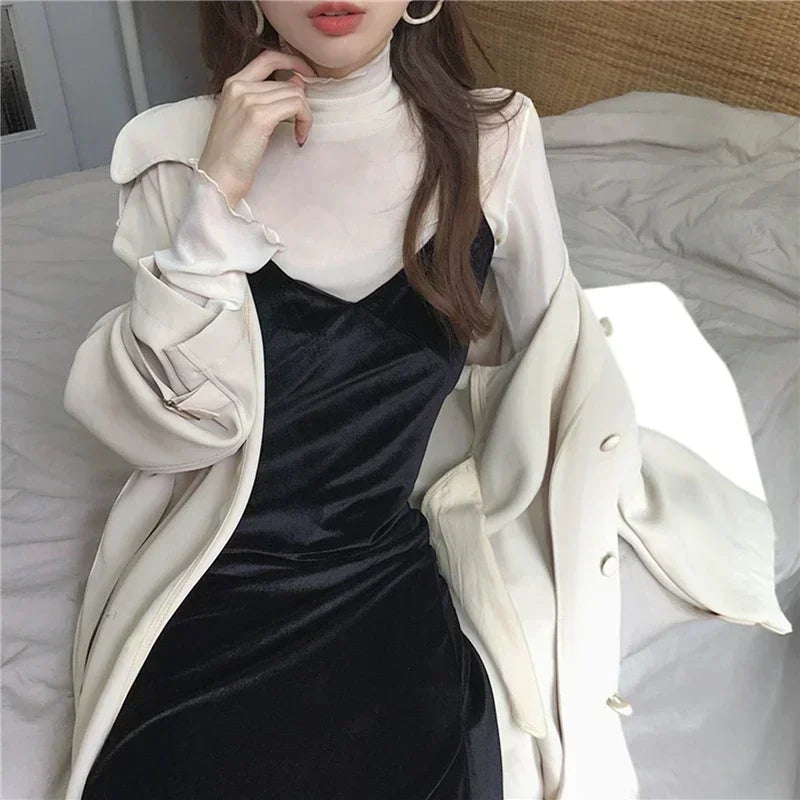 Mesh Long Sleeve  T-Shirt Women Turtleneck Vintage Office Lady Tshirts