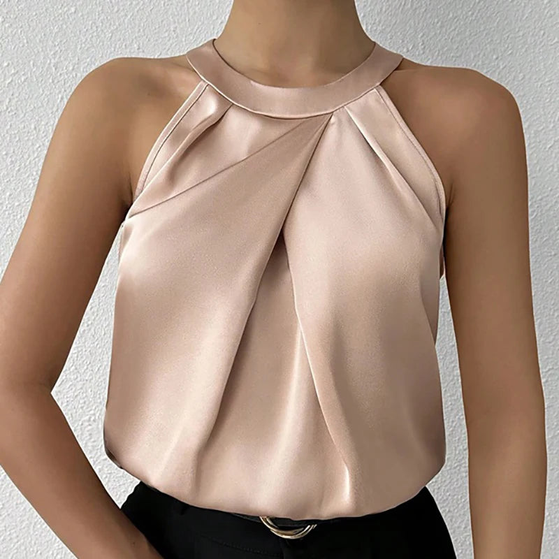 Summer Women's High End Satin Tank Shirt New Color Silk Blouse Round
