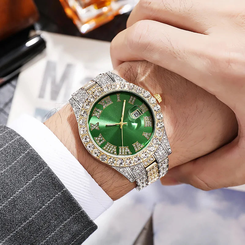 Luxury Hip Hop Stainless Steel Gold Color Calendar Watch For Men Iced