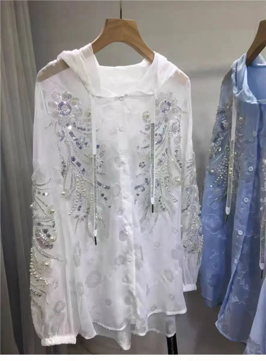 Luxury Style Loose Casual Mid-length Hooded Sunscreen Shirts Blouses