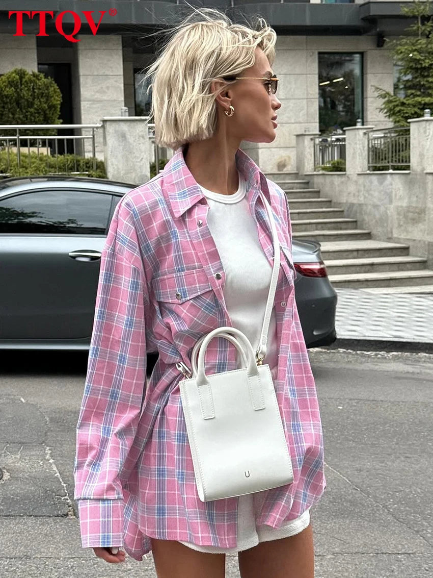 TTQV Fashion Loose Pink Plaid Women's Shirt 2026 Vintage Lapel Long